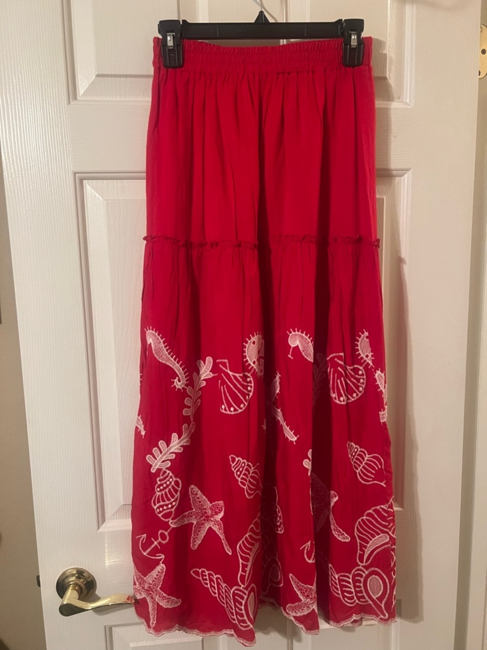 NWOT Women’s Red Maxi Skirt with White Embroidered Shells and Starfish Size S